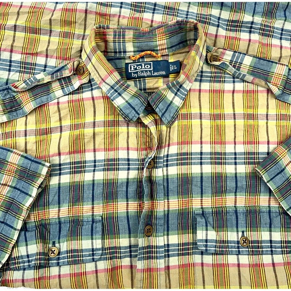 Polo Ralph Lauren‎ Shirt Men Large Green Blue Madras Plaid Button Up Epaulettes